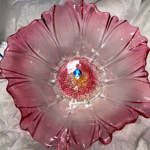 New in box glass fruit bowl pink frosted flower